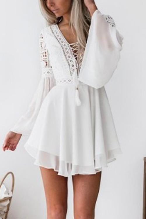 Nikkimoda V Neck Bell Sleeve Lace Crochet Chiffon Dress