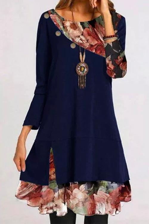 Nikkimoda Chiffon Floral Splice Long Sleeves Dress