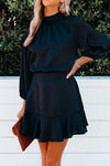 Nikkimoda 3/4 Sleeve Tie Neck Waisted Solid Swing Dress