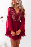 Nikkimoda V Neck Bell Sleeve Lace Crochet Chiffon Dress