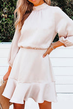 Nikkimoda 3/4 Sleeve Tie Neck Waisted Solid Swing Dress