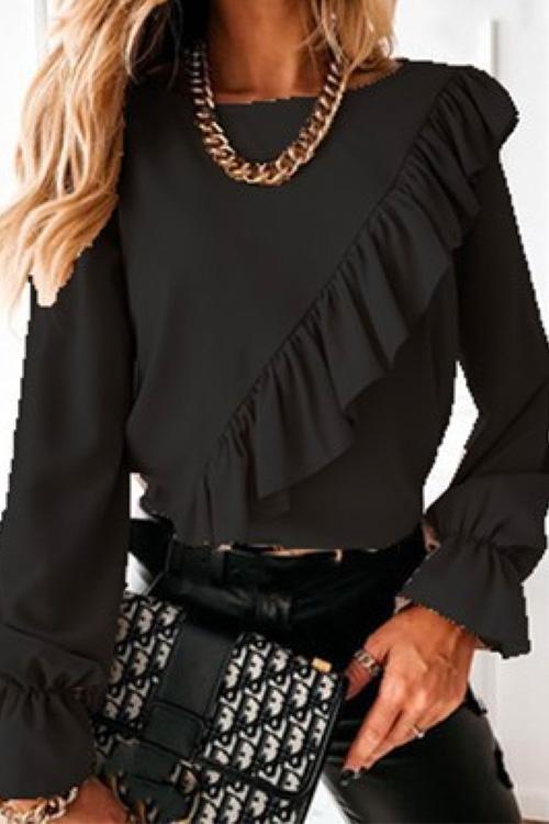 Nikkimoda Crewneck Bell Sleeve Ruffle Blouse Shirt