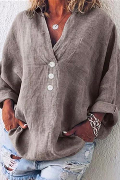 Nikkimoda Loose V Neck Buttons Cotton Linen Shirt
