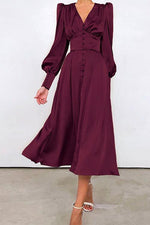 Nikkimoda V Neck Button Down Waisted Ruffle Satin Dress