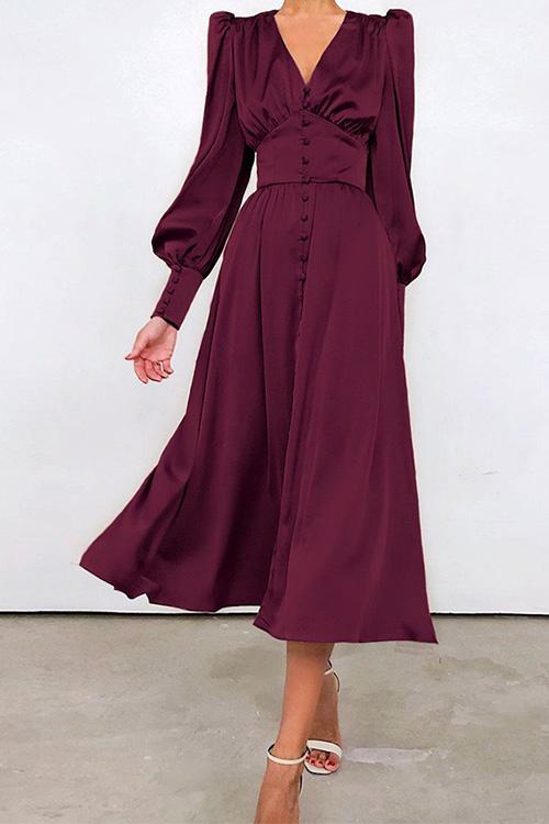 Nikkimoda V Neck Button Down Waisted Ruffle Satin Dress