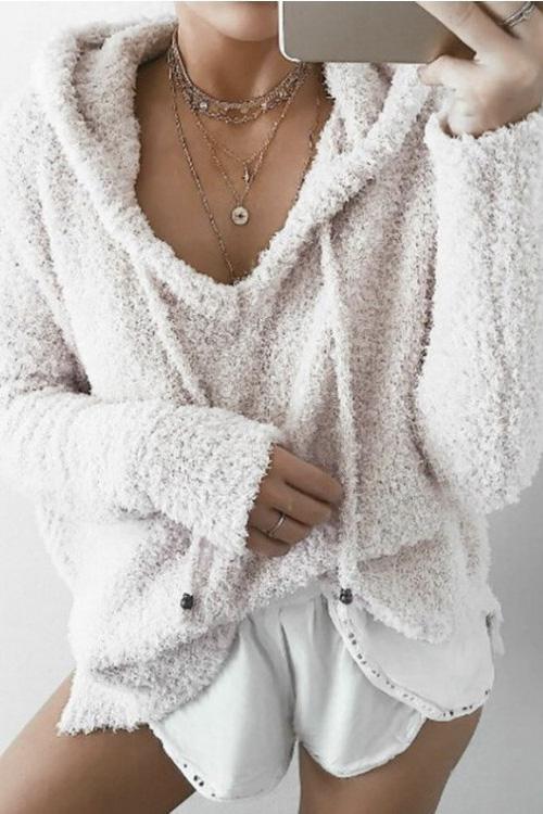Nikkimoda Nina Solid Shaggy Hoodied Pullovers