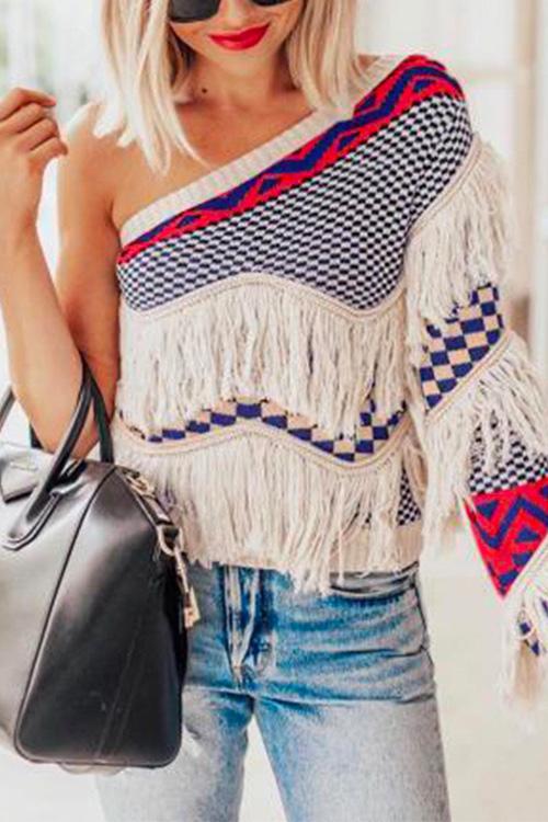 Nikkimoda Cute One Shoulder Plaid Tassel Knitting Top