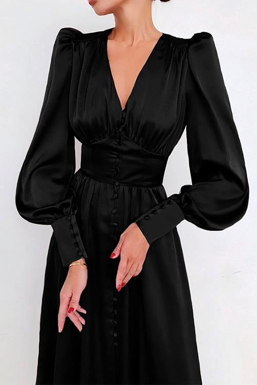 Nikkimoda V Neck Button Down Waisted Ruffle Satin Dress