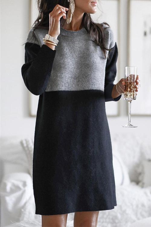 Nikkimoda Crewneck Splice Knee Length Sweater Dress