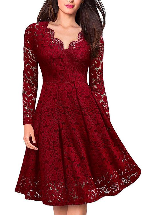 Nikkimoda V Neck Hollow Out Waisted Floral Lace Swing Dress