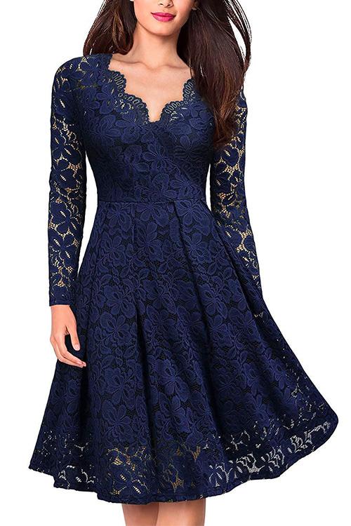 Nikkimoda V Neck Hollow Out Waisted Floral Lace Swing Dress