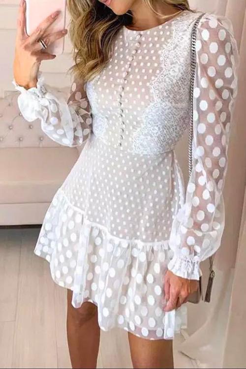 Nikkimoda Mesh Lace Splice Polka Dot Dress