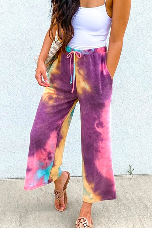 Nikkimoda Tie Dye Wide Leg Drawstring Cropped Pants