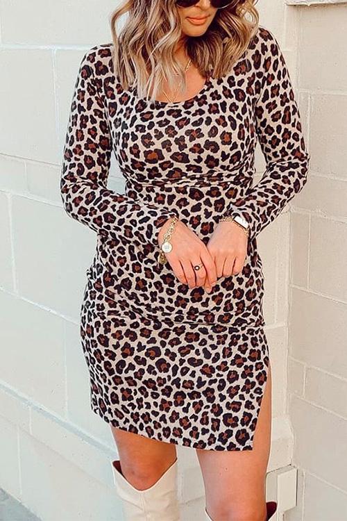 Nikkimoda Leopard Side Split Velvet Bodycon Dress