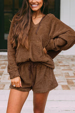 Nikkimoda Fuzzy Drawstring Hoodies and Shorts Set