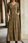 Nikkimoda V Neck Floral Printed Long Dress with Pockets