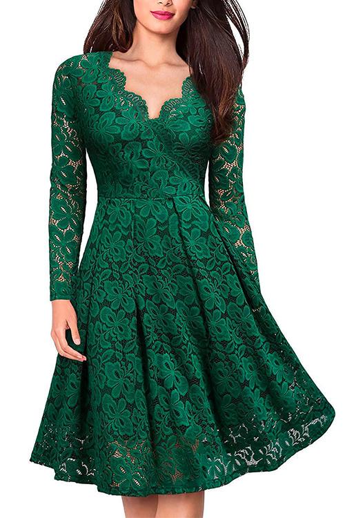 Nikkimoda V Neck Hollow Out Waisted Floral Lace Swing Dress