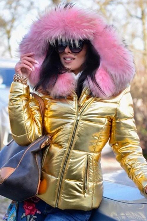 Nikkimoda Faux Fur Collar Hoodied Short Down Coat