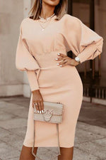 Nikkimoda Solid Lantern Sleeve Waisted Pencil Dress
