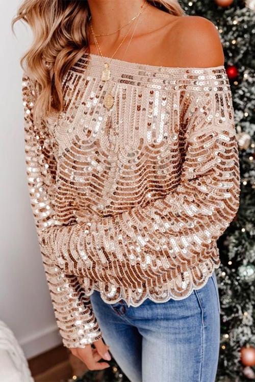 Nikkimoda Sparkly Crewneck Ruffle Sequin Tops