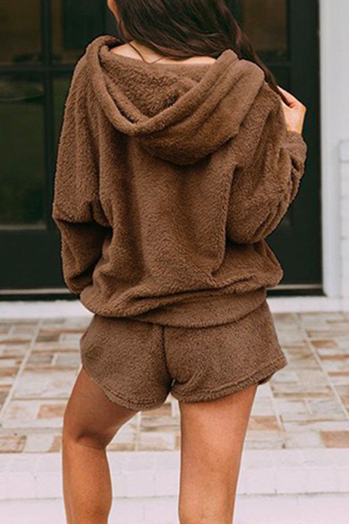 Nikkimoda Fuzzy Drawstring Hoodies and Shorts Set