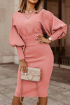 Nikkimoda Solid Lantern Sleeve Waisted Pencil Dress