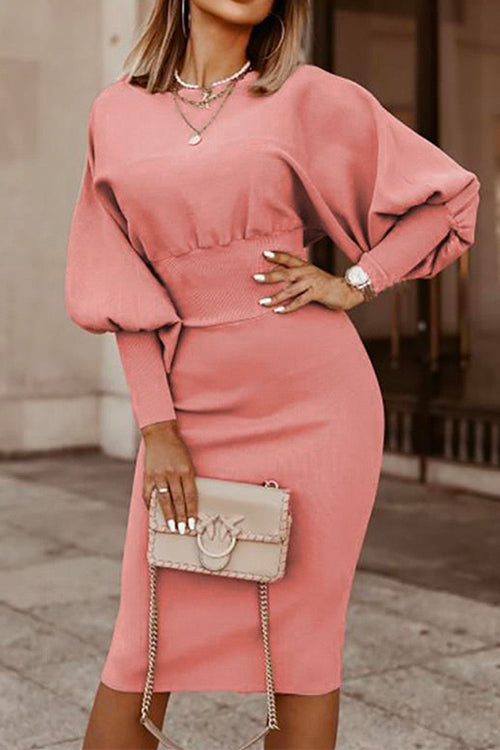Nikkimoda Solid Lantern Sleeve Waisted Pencil Dress