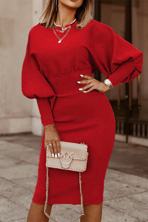 Nikkimoda Solid Lantern Sleeve Waisted Pencil Dress