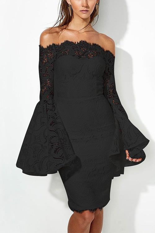 Nikkimoda Off Shoulder Bell Sleeves Lace Bodycon Dress