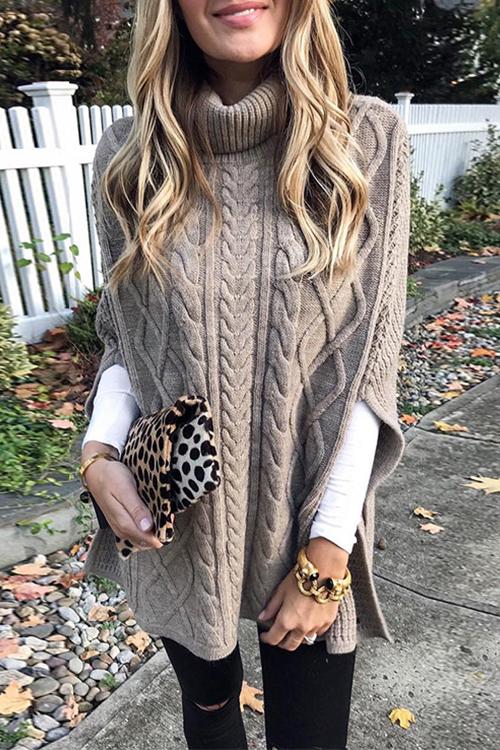 Nikkimoda Turtleneck Cable Knit Cloak Sweater