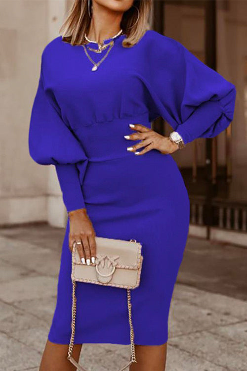 Nikkimoda Solid Lantern Sleeve Waisted Pencil Dress