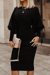 Nikkimoda Solid Lantern Sleeve Waisted Pencil Dress