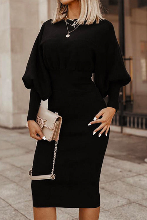 Nikkimoda Solid Lantern Sleeve Waisted Pencil Dress