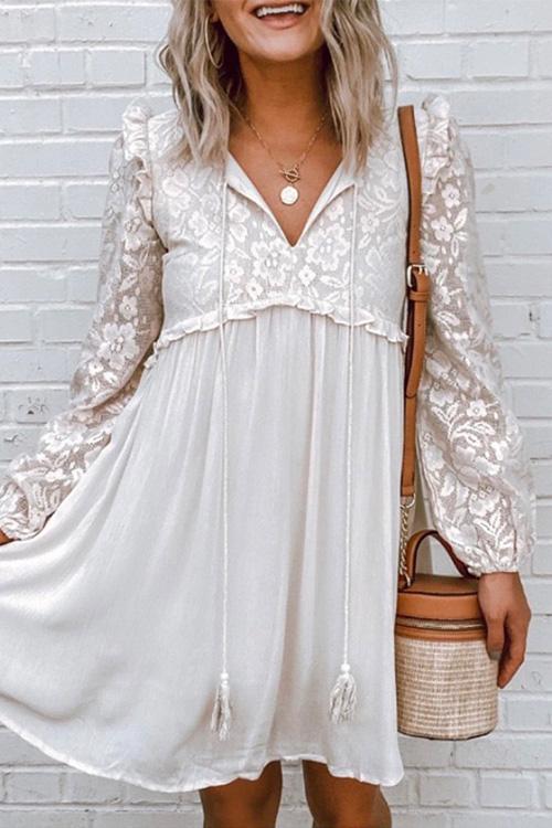 Nikkimoda V Neck Floral Lace Splice Ruffle Flowy Dress