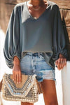 Nikkimoda V Neck Lantern Sleeves Solid Oversized Shirt