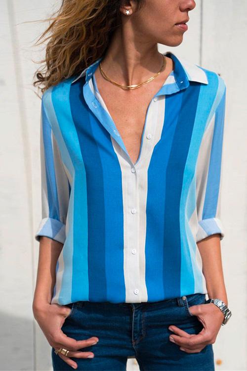 Nikkimoda V Neck Color Block Casual Chiffon Shirt