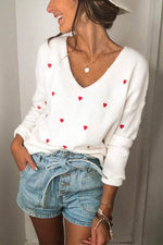 Nikkimoda V Neck Red Heart Print Cute Sweater