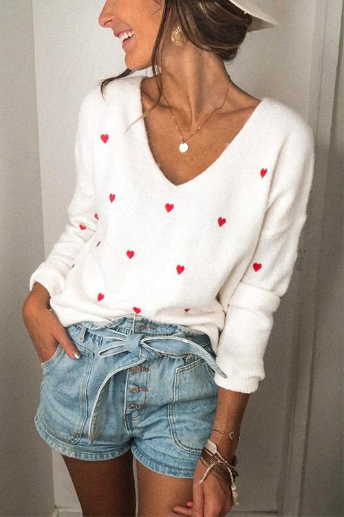 Nikkimoda V Neck Red Heart Print Cute Sweater
