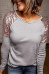 Nikkimoda Crewneck Sequin Splice Long Sleeve T Shirt