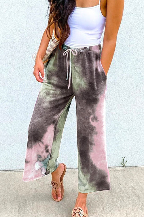 Nikkimoda Tie Dye Wide Leg Drawstring Cropped Pants