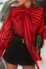 Nikkimoda Stripes Puff Sleeve Bow Tie Mesh Blouses