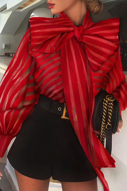 Nikkimoda Stripes Puff Sleeve Bow Tie Mesh Blouses