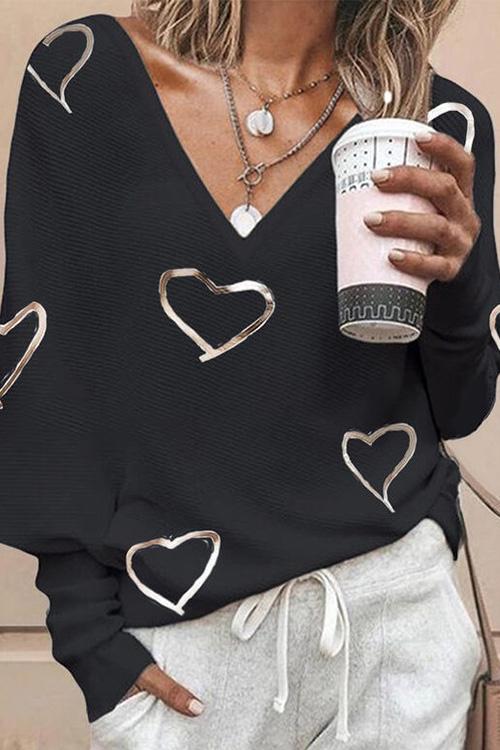Nikkimoda V Neck Bronzing Heart Print Pullover Sweater