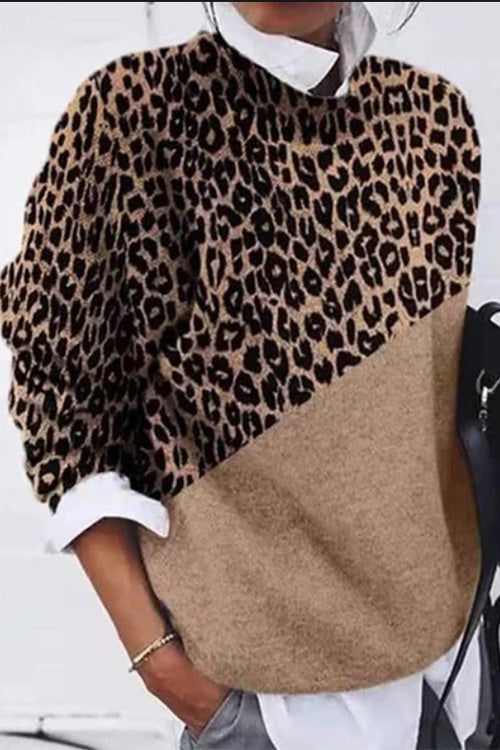 Nikkimoda Casual Leopard Splice Pullover Sweater