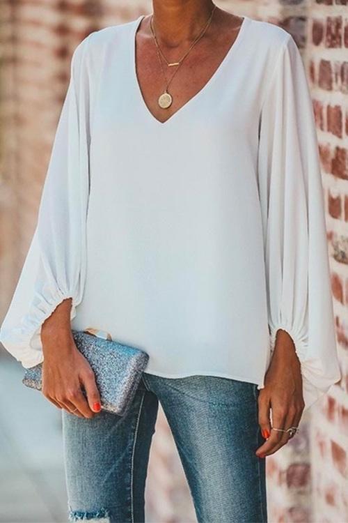 Nikkimoda V Neck Lantern Sleeves Solid Oversized Shirt