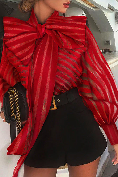 Nikkimoda Stripes Puff Sleeve Bow Tie Mesh Blouses