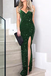 Nikkimoda V Neck High Split Sequin Cami Party Dress