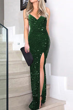 Nikkimoda V Neck High Split Sequin Cami Party Dress
