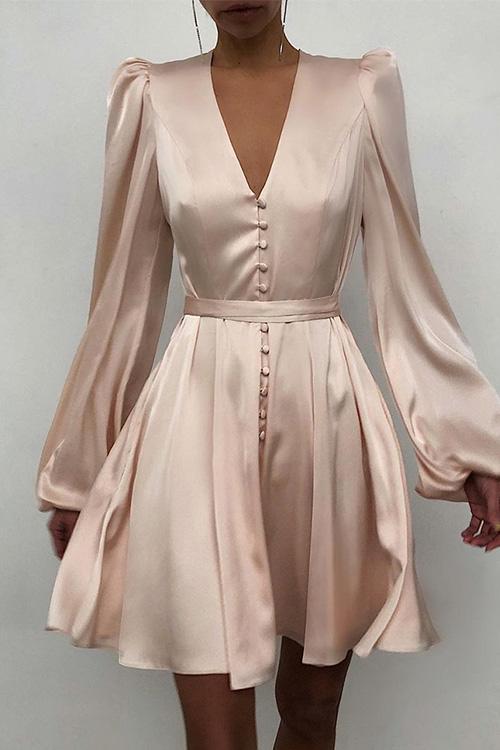 Nikkimoda V Neck Puff Sleeve Buttons Waisted Satin Dress