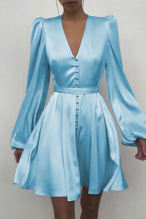 Nikkimoda V Neck Puff Sleeve Buttons Waisted Satin Dress
